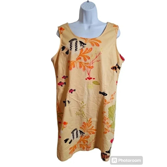 Yellow Fish Print Dress Large XL Ocean Mod Vacation Beach Sheath Boho - Picture 2 of 5